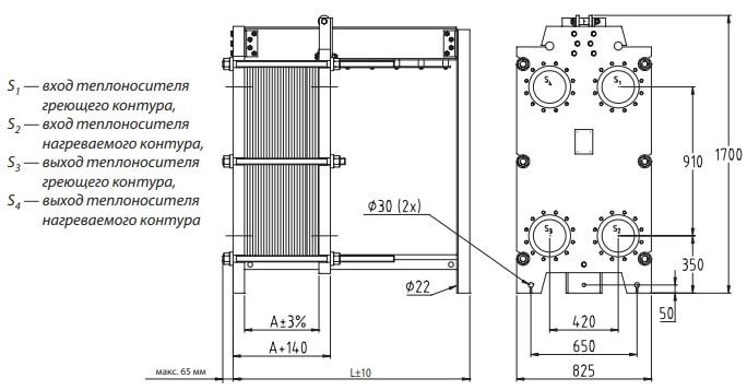 Чертёж теплообменника Danfoss XGF100-034L вид сбоку